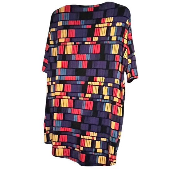 LULAROE SHORT SLV HI-LOW PULL-OVER RND NECK BLOUSE, WOMENS, M-YELL BLUE ORG PURP - Picture 5 of 11